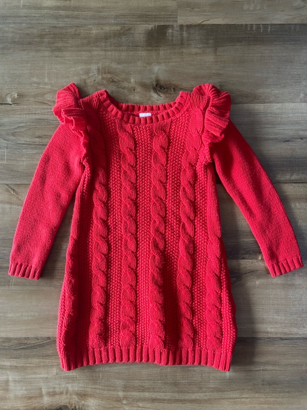 $2 - Girls Cable Knit Ruffle Shoulder Sweater Dress - Bright Coral